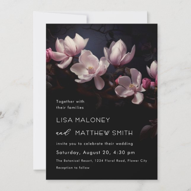 Invitación Flores de magnolia románticas oscuras y melancólic (Anverso)