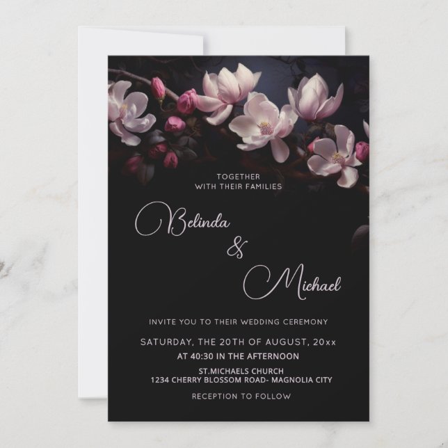 Invitación Flores de magnolia románticas oscuras y melancólic (Anverso)
