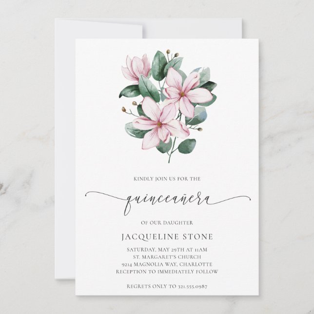 Invitación Flores de Magnolia Rosa Floral Quinceañera (Anverso)