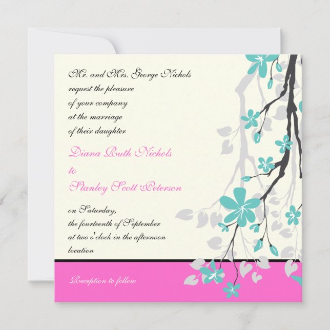 Invitación Flores de magnolia turquesa, boda rosa caliente (Anverso)