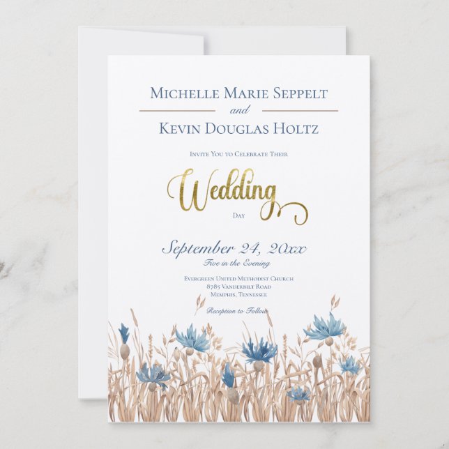 Invitación Flores de maíz azules y Boda de crema de trigo (Anverso)