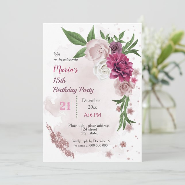 Invitación flores de malva rosa y hojas verdes cumpleaños (Anverso de pie)