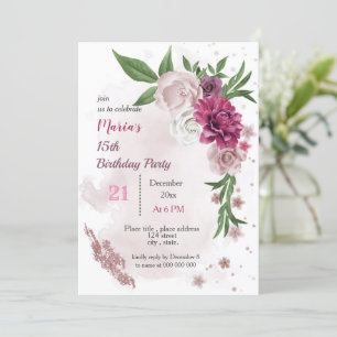 Invitación flores de malva rosa y hojas verdes cumpleaños