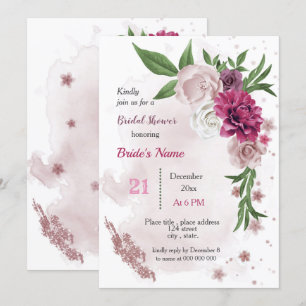 Invitación flores de malva rosa y hojas verdes ducha de novia