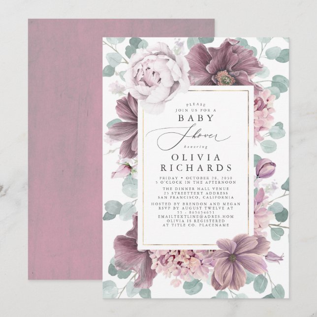 Invitación Flores de malva y verde elegante Baby Shower (Anverso / Reverso)