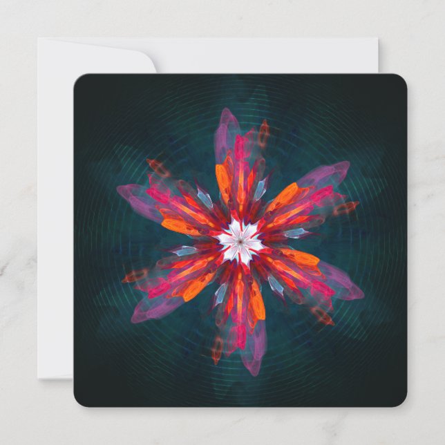 Invitación Flores de Mandala Floral Naranja Rojo Azul Abstrac (Anverso)