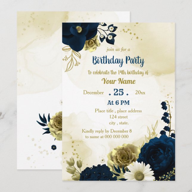 Invitación Flores de marfil azul marino asombroso cumpleaños  (Anverso / Reverso)