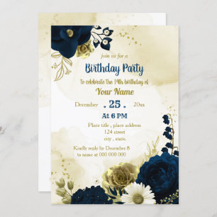 Invitación Flores de marfil azul marino asombroso cumpleaños