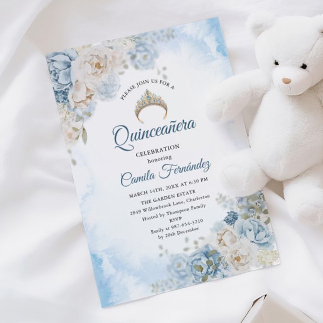Invitación Flores de marfil azul y turquesa Quinceanera Cumpl (Subido por el creador)