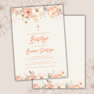 Invitación Flores de marfil beige de color marrón rosa bautiz