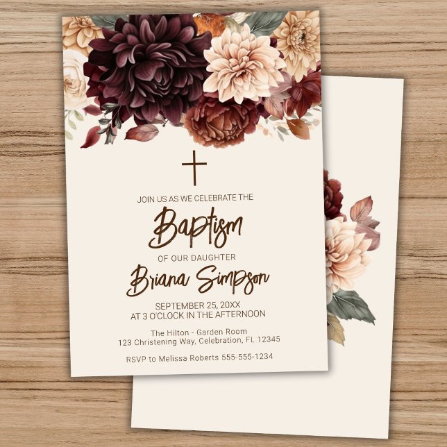 Invitación Flores de marfil beige marrón bautismo floral (Subido por el creador)