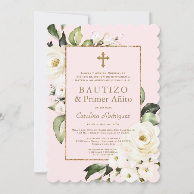 Invitación Flores de marfil blanco bautizo de primer cumpleañ (Anverso)