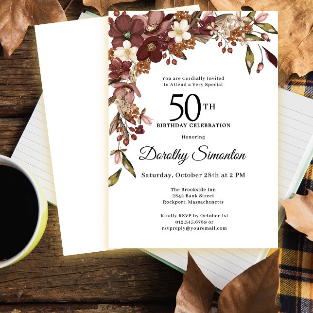 Invitación Flores de marfil de Borgoña Mauve Fall 50 años (Need matching fall floral party supplies? Message me!)