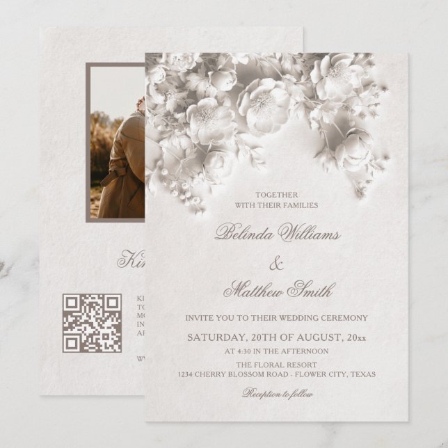 Invitación Flores de marfil esculpidas Rosas 3D Boda (Anverso / Reverso)