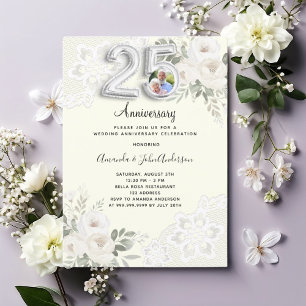 Invitación Flores de marfil foto del 25 aniversario del boda