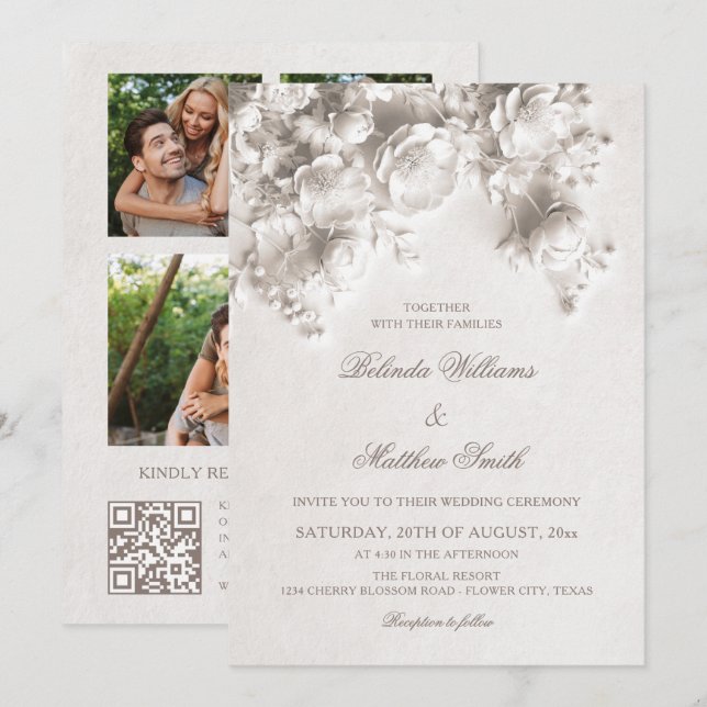 Invitación Flores de Marfil Talladas en 3D Rosas Boda (Anverso / Reverso)