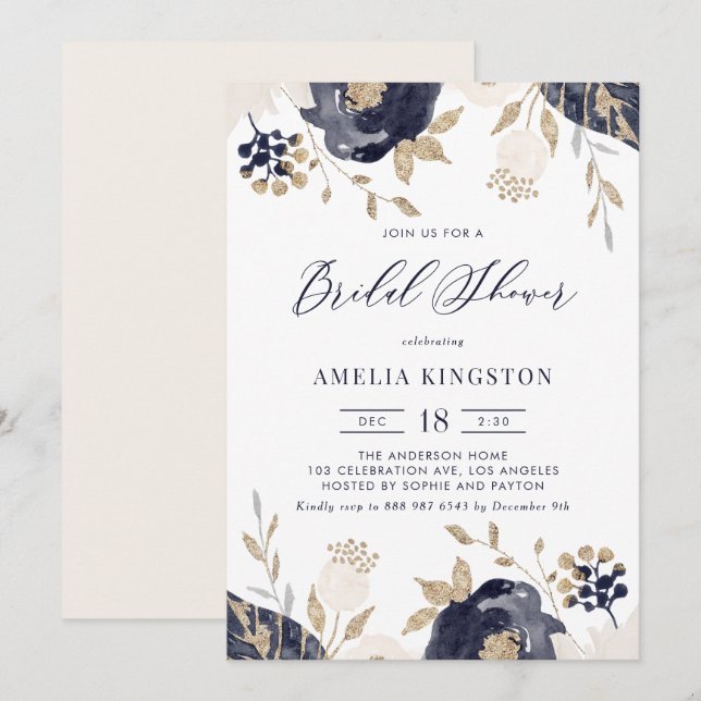 Invitación Flores de marfil y azul marino ducha de novias de  (Anverso / Reverso)