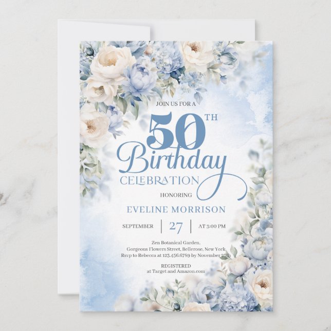 Invitación Flores de marfil y azul turquesa 50 años (Anverso)