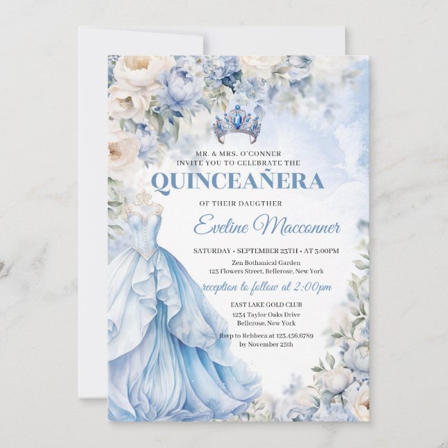 Invitación Flores de marfil y azul turquesa vestimenta prince (Anverso)