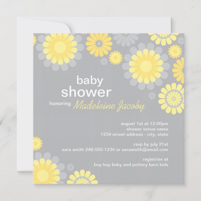 Invitación Flores de margarita amarilla y gris modernas Baby  (Anverso)