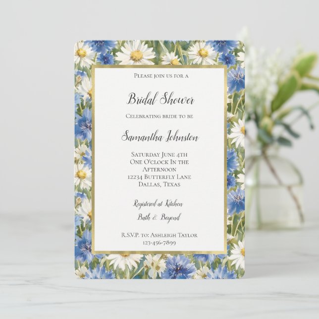 Invitación Flores de Margarita Blancas y Azules Despedida de  (Anverso de pie)