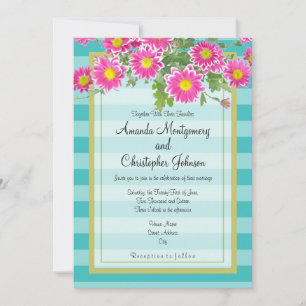 Invitación Flores de margarita rosada en Boda de franjas turq