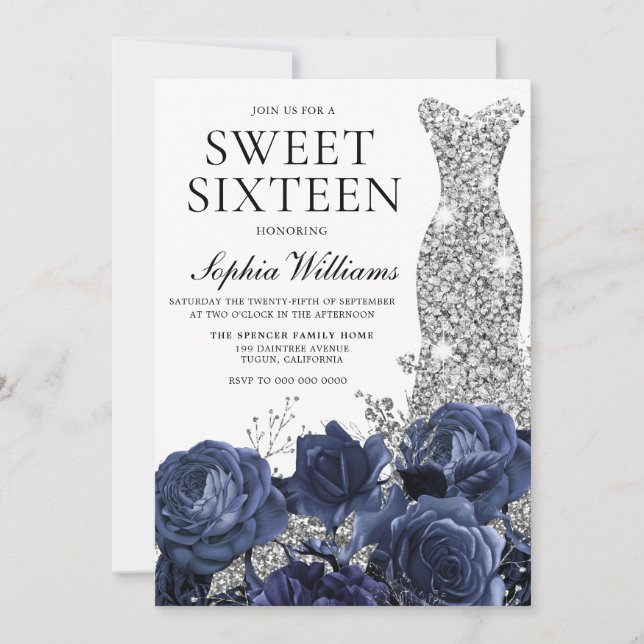 Invitación Flores de marina y vestido de diamante plateado du (Anverso)