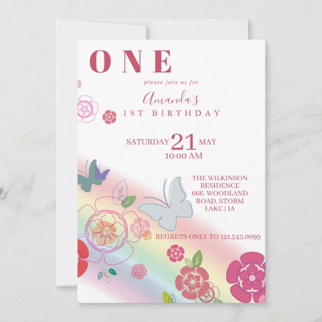 Invitación Flores de mariposa arcoiris primer cumpleaños (Anverso)