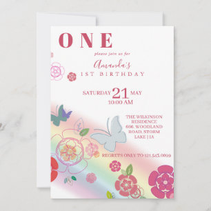 Invitación Flores de mariposa arcoiris primer cumpleaños