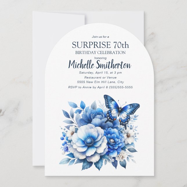 Invitación Flores de Mariposa Azul Arco Sorpresa 70 Cumpleaño (Anverso)
