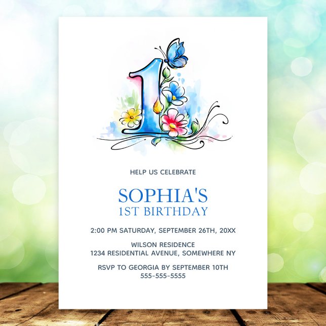 Invitación Flores de Mariposa Azul Cumpleaños 1er (Subido por el creador)