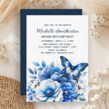 Flores de Mariposa Azul Elegante 90 Cumpleaños