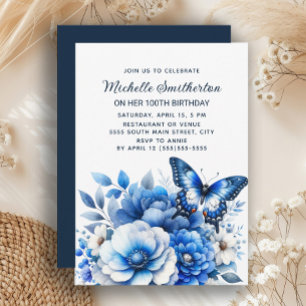 Invitación Flores de Mariposa Azul Elegante Cumpleaños 100