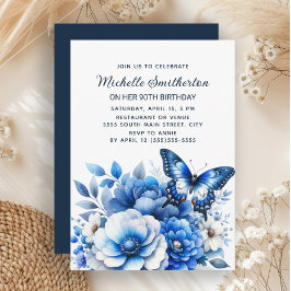 Invitación Flores de mariposa azul Elegante cumpleaños 90
