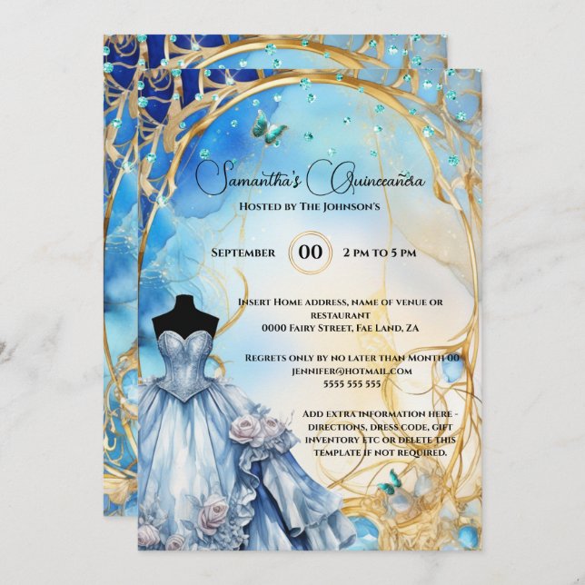 Invitación Flores de mariposa azul Quinceañera floral membril (Anverso / Reverso)