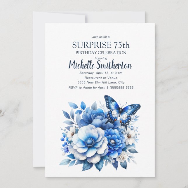 Invitación Flores de mariposa azul sorprenden 75 años (Anverso)