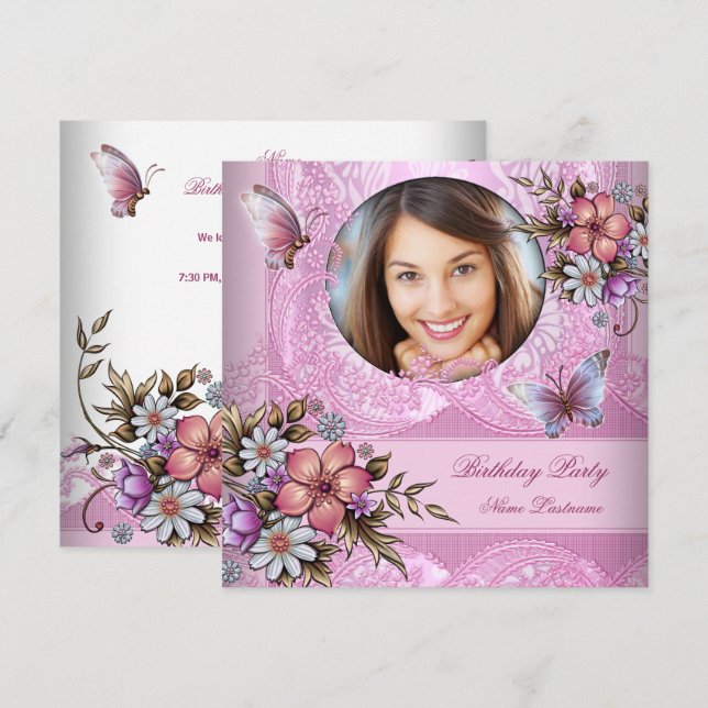 Invitación Flores de Mariposa Blancas Rosadas Bonito Cumpleañ (Anverso / Reverso)