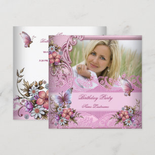 Invitación Flores de Mariposa Blancas Rosadas Bonito Cumpleañ