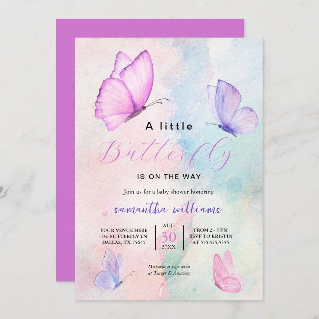 Invitación Flores de mariposa Chica rosa morado Baby Shower (Anverso / Reverso)