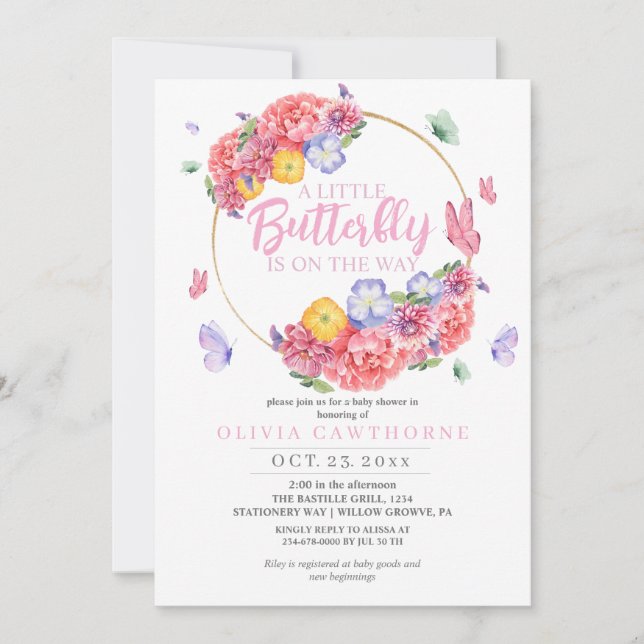 Invitación Flores de mariposa de bonito Niña Ducha (Anverso)