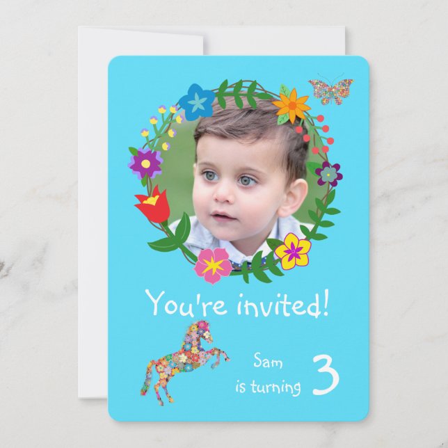 Invitación Flores de mariposa de caballo, fiesta de cumpleaño (Anverso)