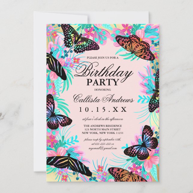 Invitación Flores de mariposa de Girly dejan acuarela Cumplea (Anverso)