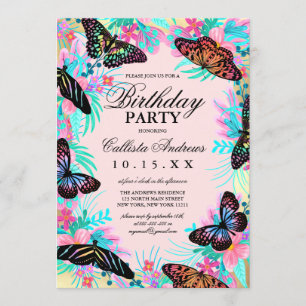 Invitación Flores de mariposa de Girly dejan acuarela Cumplea