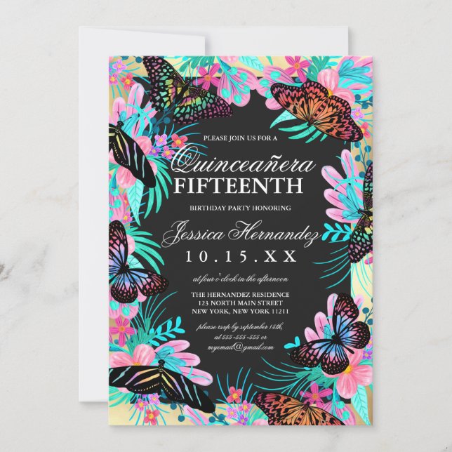 Invitación Flores de mariposa dejan acuarela Quinceañera (Anverso)