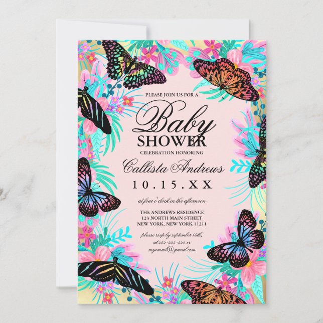 Invitación Flores de mariposa dejan Baby Shower acuarela (Anverso)