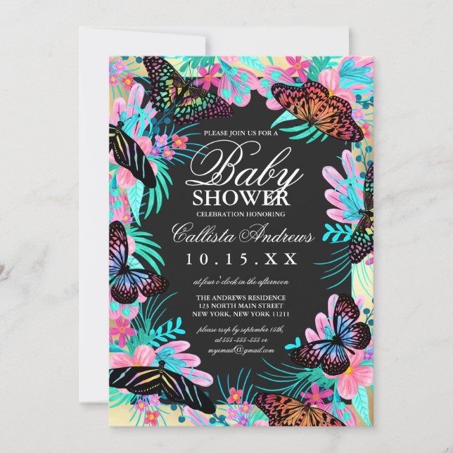 Invitación Flores de mariposa dejan Baby Shower acuarela (Anverso)