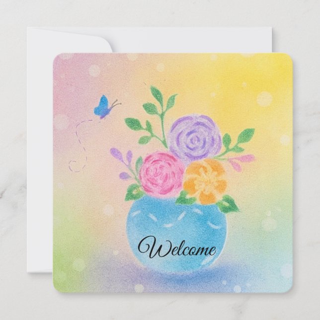 Invitación Flores de Mariposa en Jarrón de Pastel Arte (Anverso)
