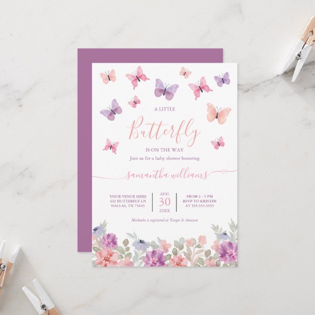 Invitación Flores de mariposa pequeña Baby Shower rosa y mora (Anverso/Reverso In Situ)