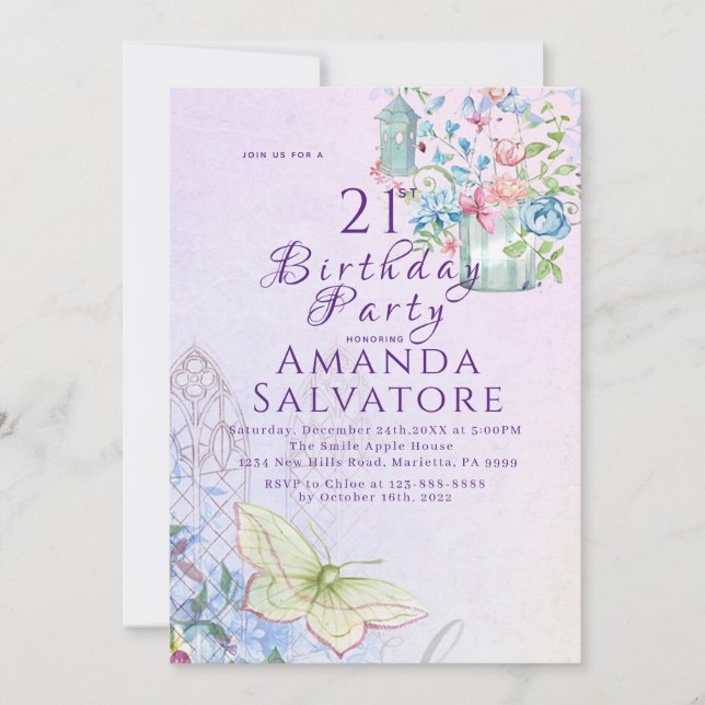 Invitación Flores de mariposa románticas elegantes cumpleaños (Anverso)