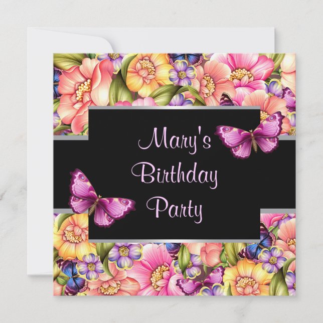 Invitación Flores de mariposa rosa Fiesta de cumpleaños de mu (Anverso)
